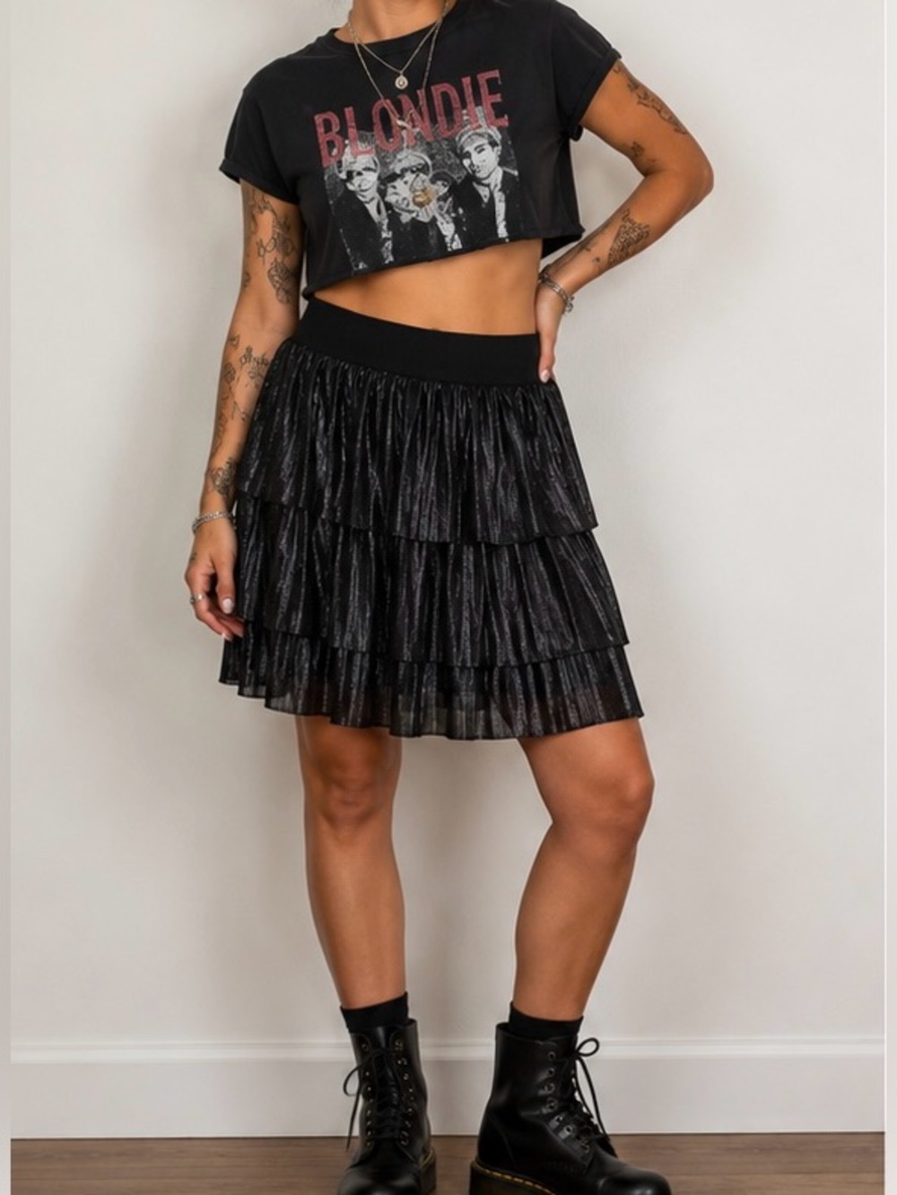 Lane Bryant Black Metallic Tiered Pleated Skirt Size 14 16 Party Goth